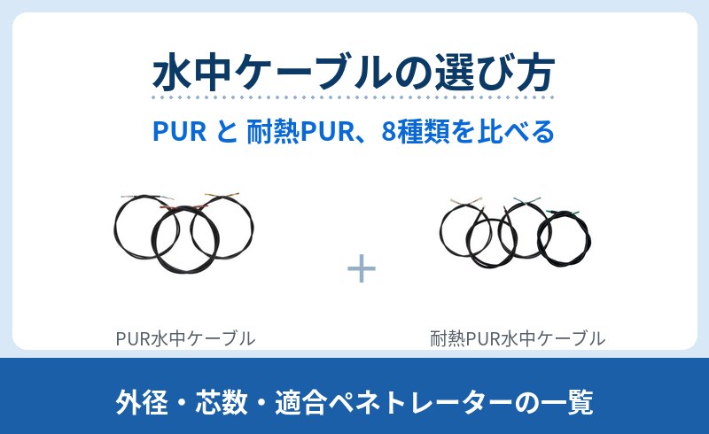 水中で使うケーブル8種類を、外径・芯数・最小曲げ半径・適合ペネトレーター・1mあたりの価格で比較。スラスターや電源など発熱する用途は FEP 絶縁の耐熱PURを選びます。Ping360用ケーブルの新旧の違いも整理しました