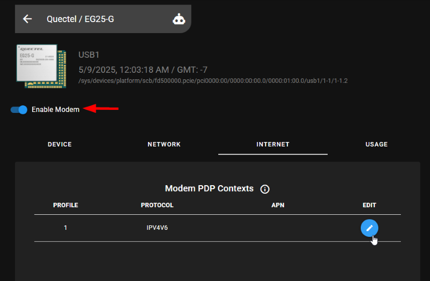 BlueOS の Cellular Modem Manager で Quectel EG25-G の Enable Modem をオンにし INTERNET タブの編集アイコンを押す