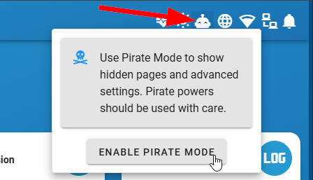 BlueOS 右上のロボットアイコンから ENABLE PIRATE MODE を押す