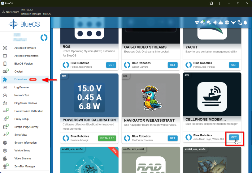 BlueOS の Extensions 画面で Cellphone Modem Manager の GET ボタンを押す