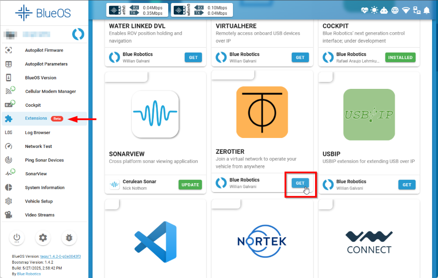 BlueOS の Extensions 画面で ZEROTIER の GET ボタンを押す