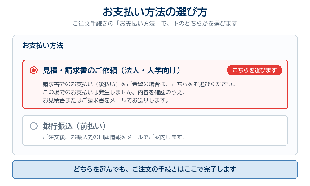 ご注文手続きのお支払い方法で「見積・請求書のご依頼（法人・大学向け）」を選ぶ図解。もう一方は銀行振込（前払い）