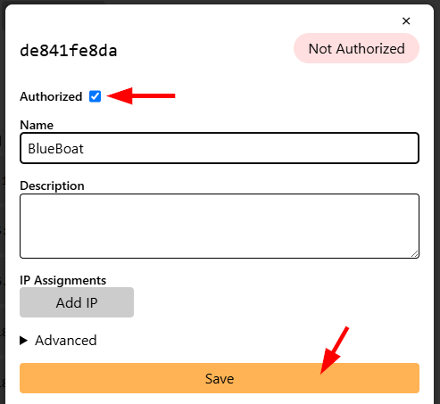 ZeroTier のメンバー編集画面で Authorized にチェックを入れ Name に BlueBoat と入力して Save
