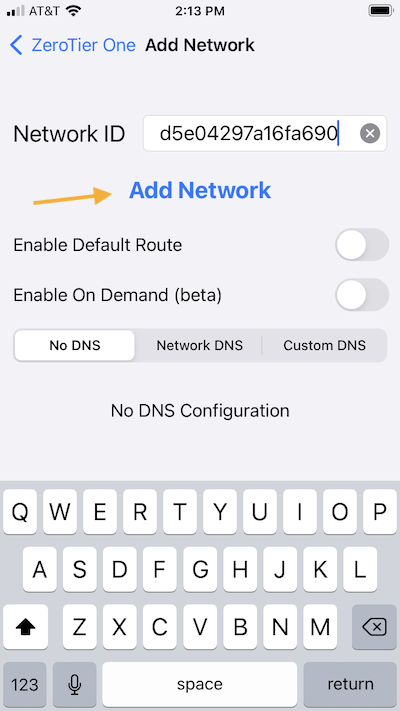 iPhone の ZeroTier One アプリで Network ID を入力して Add Network