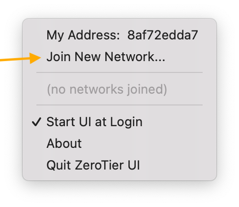 Mac のメニューバーの ZeroTier メニューにある Join New Network
