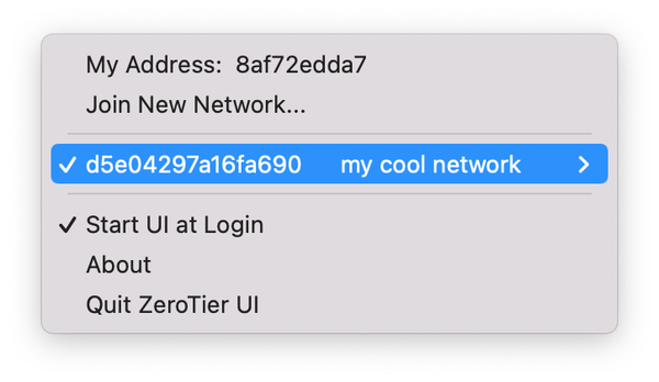 承認後に Mac の ZeroTier メニューにネットワーク名が表示された画面