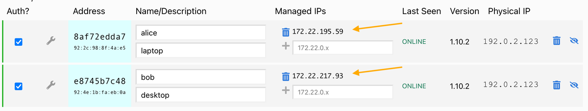 承認済みの2台に Managed IPs が割り当てられている ZeroTier の Members 画面
