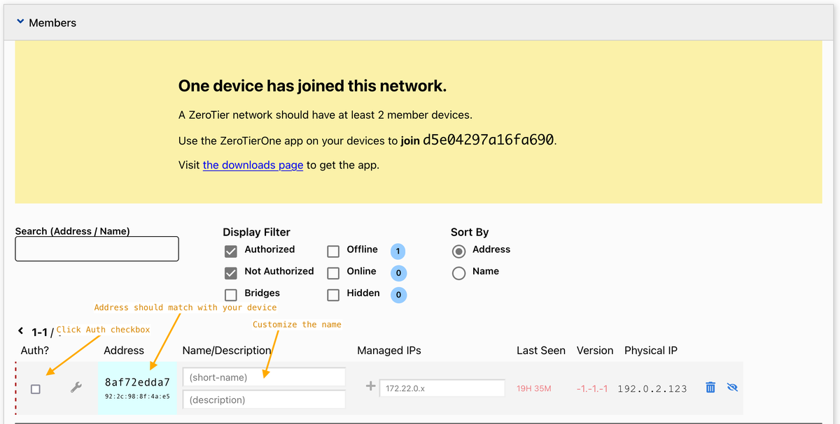 ZeroTier の Members パネルで Auth のチェックボックスと Address と名前欄の位置