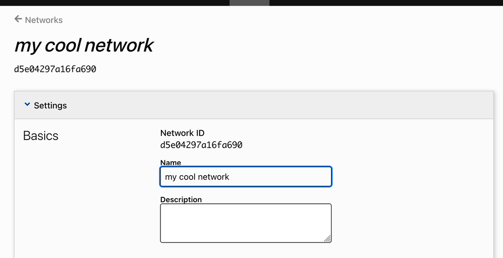 ZeroTier ネットワーク詳細画面の Network ID と Name 欄