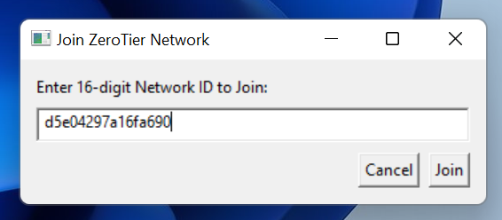 Windows の Join ZeroTier Network ダイアログに Network ID を入力