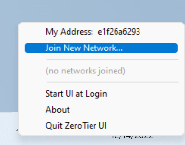 Windows のタスクトレイの ZeroTier メニューにある Join New Network
