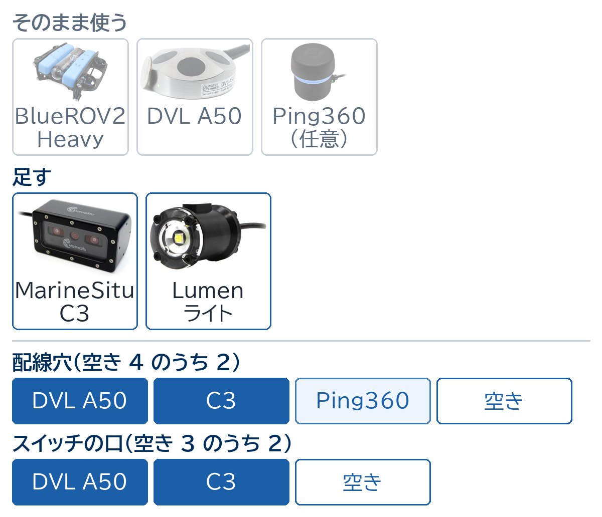 DVL A50 に MarineSitu C3 と Lumen ライトを足す。配線穴 2 つ(Ping360 を残すと 3 つ)とスイッチの口 2 つを使う