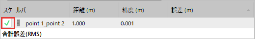 スケールバーの左の欄に印が付き、距離 1.000、精度 0.001 と出ている。印の欄を赤枠で示している