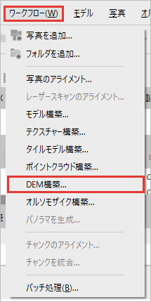 ワークフローのメニュー。DEM構築を赤枠で示している