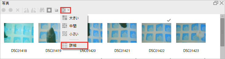 写真の欄の表示切り替えで詳細を選ぶところ