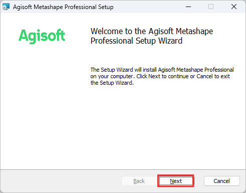 Agisoft Metashape Professional Setup の Welcome の画面。Next を赤枠で示している