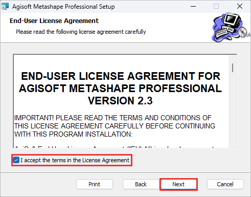使用許諾の画面。I accept the terms in the License Agreement の印と Next を赤枠で示している