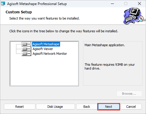 Custom Setup の画面。Agisoft Metashape、Agisoft Viewer、Agisoft Network Monitor が並び、Next を赤枠で示している