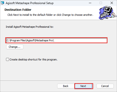 Destination Folder の画面。C:\Program Files\Agisoft\Metashape Pro\ の欄と Next を赤枠で示している