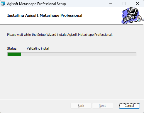 Installing Agisoft Metashape Professional の進み具合の画面