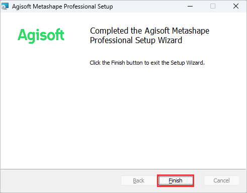 Completed the Agisoft Metashape Professional Setup Wizard の画面。Finish を赤枠で示している