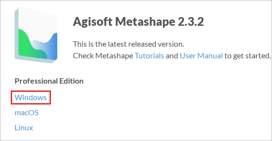 Agisoft 公式のダウンロードのページ。Metashape 2.3.2 の Professional Edition の Windows を赤枠で示している